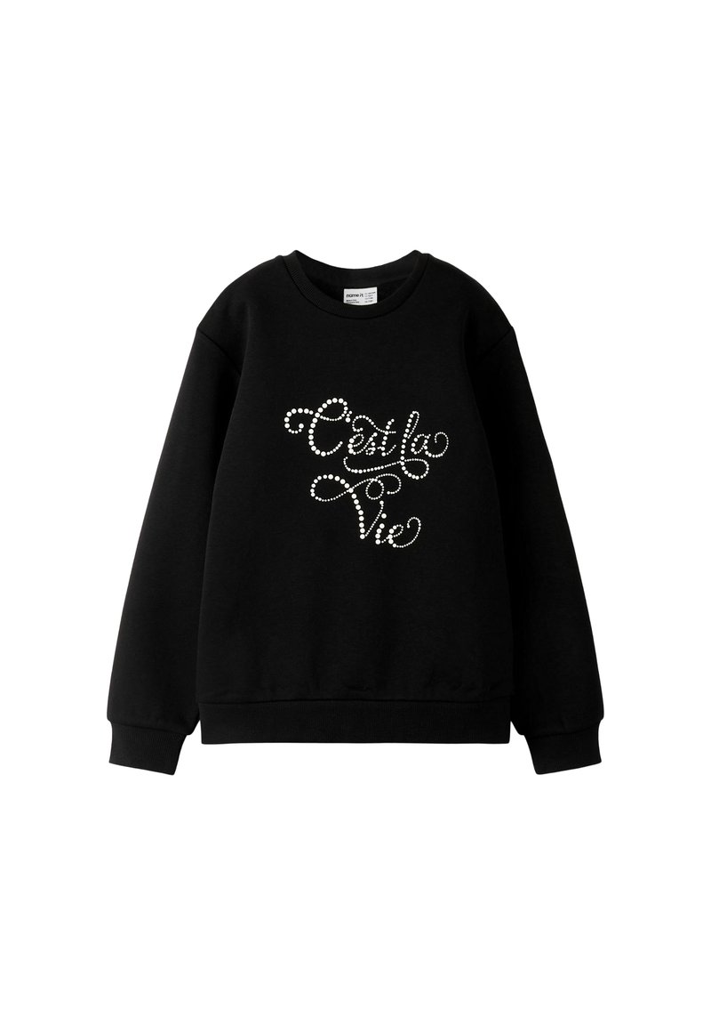 Melnā džemperis ar garām piedurknēm, ar spīdīgu "C'est la Vie" dizainu, izšūtu ar rhinestones. Mīksta auduma un ribota aproce.