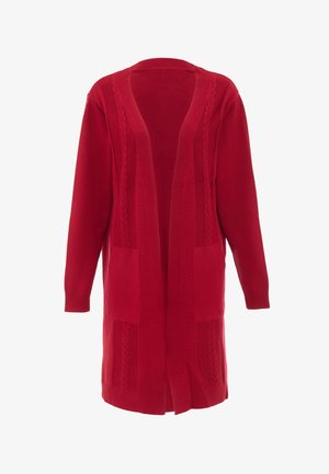 Czerwony kardigan z otwartym przodem, długimi rękawami i plecionkami na ramionach oraz kieszeniach. Miękka dzianina.