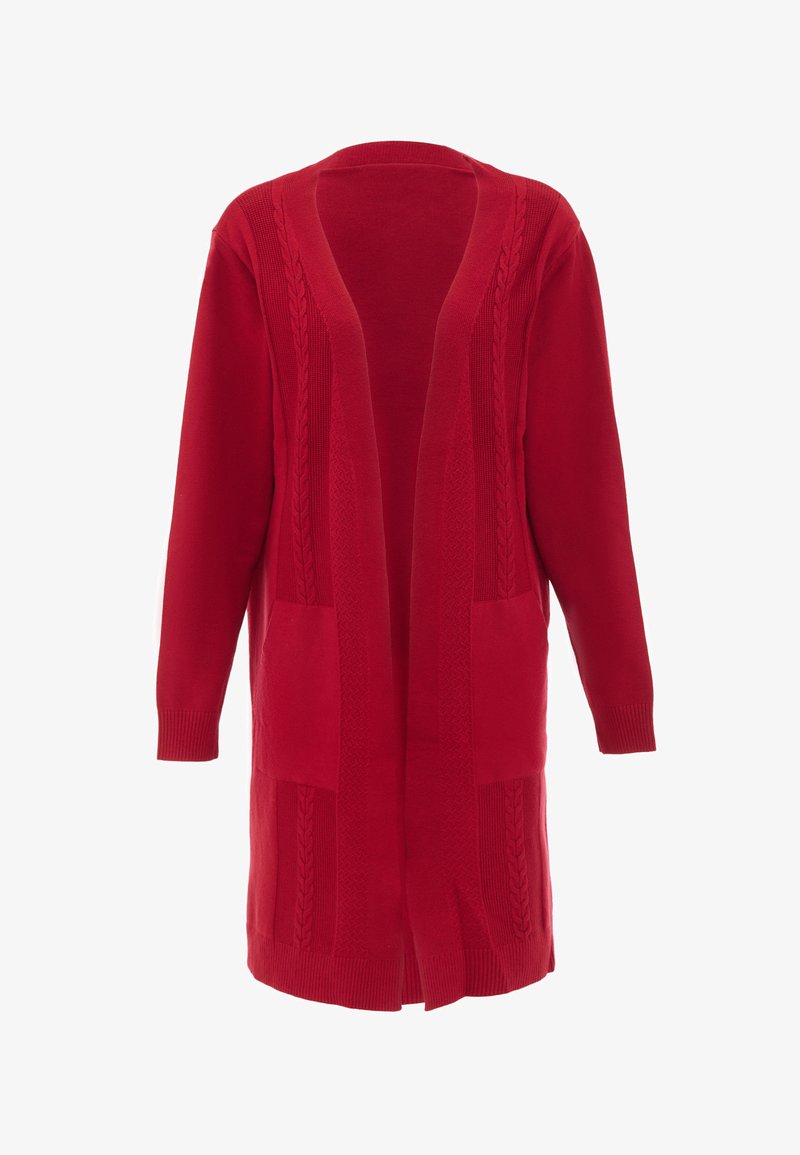 Roter Cardigan mit offenem Vorderteil, langen Ärmeln und Kabelstricktexturen an den Schultern und Taschen. Weiches Strickmaterial.