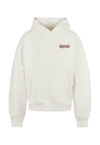 Hettegenser i off-white bomull, med en frontlomme og brun tekstlogo på brystet. Mansjetter og nederkant er ribbestrikket.