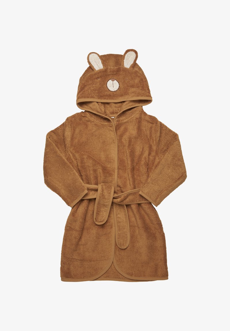 Bruine badjas van badstof met een capuchon, voorzien van berenoren en gezichtsbrodering, met een riem in de taille, zachte textuur.
