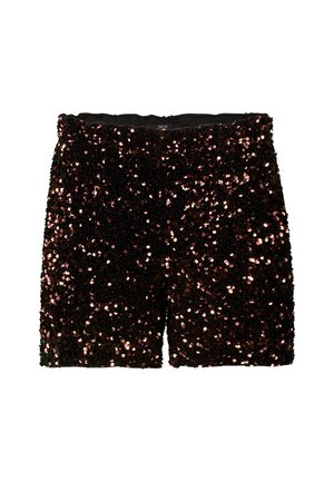 Schwarze Shorts, bedeckt mit überlappenden roségoldenen Pailletten, mit einem glatten Taillenbund. Kurze Länge mit einer figurbetonten Silhouette und glänzender Textur.