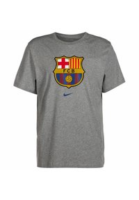 Grå T-shirt med korte ærmer med en farvet logo i røde, gule og blå elementer samt en lille Nike-logo på kanten.