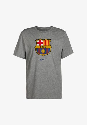 Gray short-sleeve t-shirt featuring a color logo with red, yellow, and blue elements, and a small Nike logo on the hem.