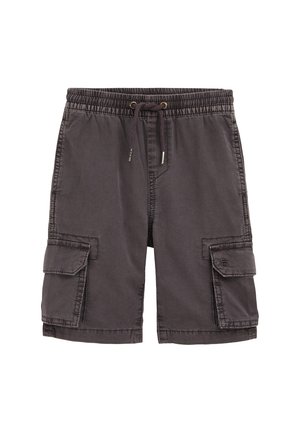 Graue Cargo-Shorts mit elastischem Bund, Kordelzug und mehreren Seitentaschen. Hergestellt aus strapazierfähigem Stoff mit gestickten Details.