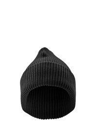 Black ribbed beanie hat with a rounded top and a rolled cuff, composed of a soft, textured fabric. Ideal for cold weather.