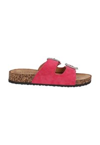 Pink suede slide sandals with dual cut-out upper design, embellished with silver detail, cork footbed, and textured black rubber sole.