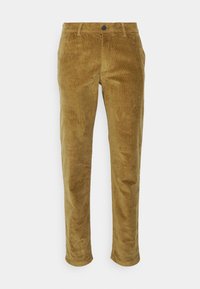Corduroy broek in een goudbruin kleur met een recht silhouet, een getextureerd oppervlak, voorszakken en een knoopsluiting.