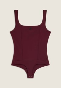 Bodysuit bordeaux avec un décolleté carré, des bretelles larges et une fermeture à pression au bas. Texture de tissu lisse avec des détails de couture latérale.
