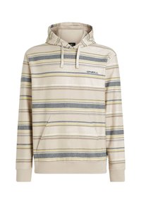 Sudadera beige con rayas horizontales en gris, amarillo y crema. Presenta un bolsillo frontal y capucha con cordón. Logo de la marca en el pecho.