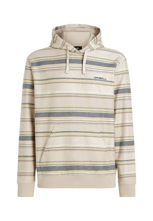 Beige mikina s kapucí s horizontálními pruhy v šedé, žluté a krémové barvě. Obsahuje přední kapsu a šňůrku na kapuci. Logo značky na hrudi.