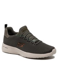 Zapatos Skechers con parte superior de punto gris, cordones elásticos y una suela beige ligera con un patrón texturizado y un acento de logo.
