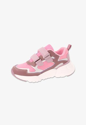 Różowe i brązowe trampki z siateczkową cholewką, podwójnymi paskami na rzepy, teksturowanymi akcentami i grubą białą podeszwą. Posiadają falisty wzór po boku.