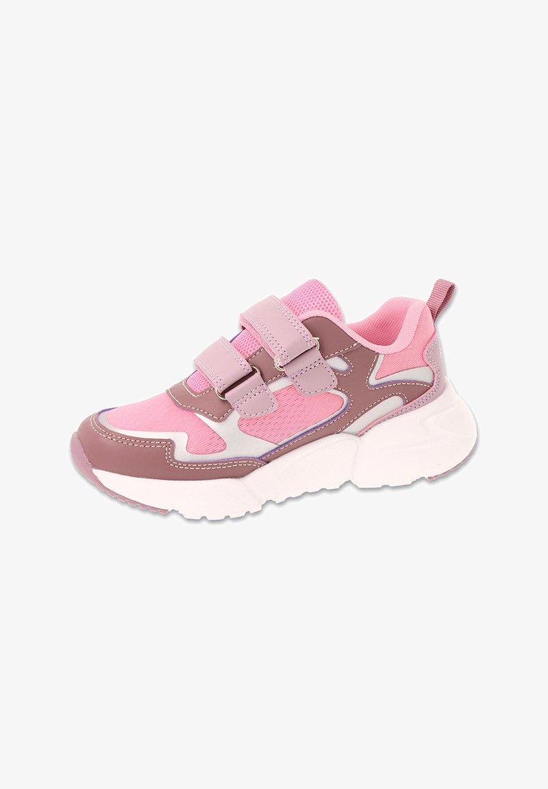 Różowe i brązowe trampki z siateczkową cholewką, podwójnymi paskami na rzepy, teksturowanymi akcentami i grubą białą podeszwą. Posiadają falisty wzór po boku.