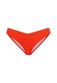 Rdeži bikini spodnji del z V-oblikovanim pasom in minimalno pokritostjo. Narejen iz gladkega blaga, z čistimi linijami in brezšivno zasnovo.