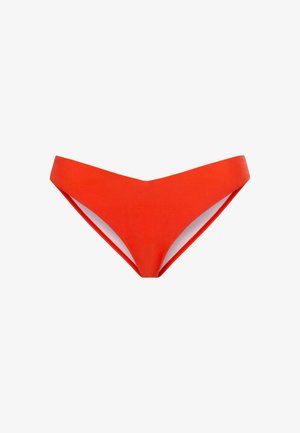 Raudoni bikini apatiniai su V formos liemeniu ir minimalia danga. Pagaminti iš lygaus audinio, su švariomis linijomis ir besiūle konstrukcija.