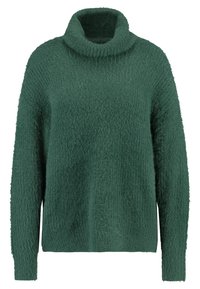 pehmeä vihreä neulepaita, jossa on korkea, kääritty kaulus. Tekstuuroitu, pörröinen kangas ja pitkät, löysästi istuvat hihat. Yksinkertainen, laatikkomainen muotoilu.