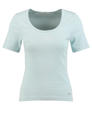 T-shirt a maniche corte a coste azzurro chiaro con scollatura a girocollo e piccolo testo "Real Cool" ricamato al centro davanti.