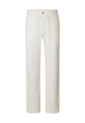 Witte, losvallende broek gemaakt van zacht materiaal, met een knoopsluiting en een elastische tailleband voor extra comfort.