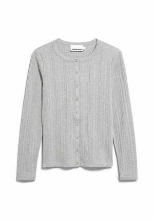 Lichtgrijze geribde gebreide cardigan met lange mouwen, ronde hals en knoopsluiting aan de voorkant van het merk ARMEDANGELS.