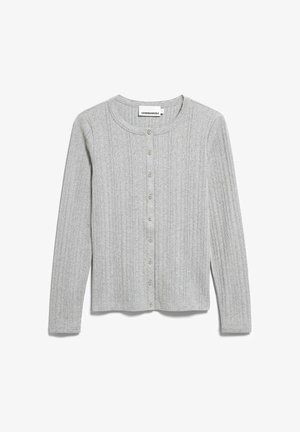 Hellgraue, gerippte Strickjacke mit langen Ärmeln, rundem Halsausschnitt und Knopfleiste vorne von der Marke ARMEDANGELS.