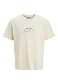 Cremfarbener Baumwoll-T-Shirt mit kurzen Ärmeln, Rundhalsausschnitt und schwarzem Aufdruck mit den Worten "Henri Matisse" und "Blue Willow Still Life."