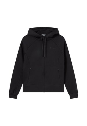 Sudadera negra con cremallera hecha de tela suave, con capucha ajustable mediante cordón, bolsillos laterales y puños acanalados. Diseño sencillo con un detalle de logotipo.