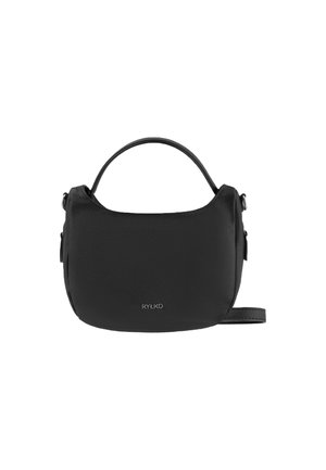 Black leather handbag with a rounded top, short handle, and adjustable strap; features a textured surface and logo detail on the front.