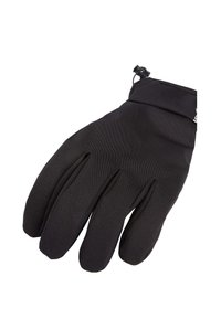 Guanto nero isolante con una texture liscia ed elastica, cinque dita e un polsino elastico con meccanismo di stringimento.