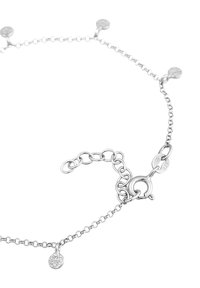 Braccialetto in argento sterling con design a catena collegata, caratterizzato da piccoli ciondoli rotondi distribuiti uniformemente e una chiusura a granchio.