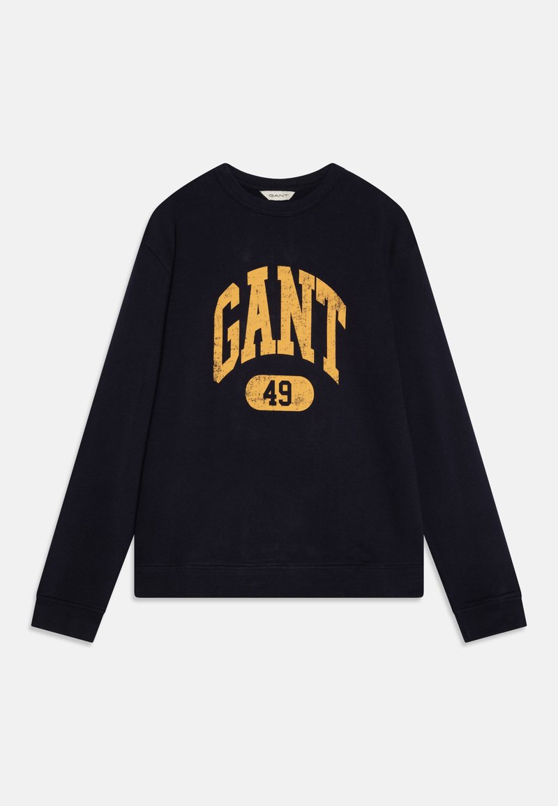 Sweatshirt bleu marine en coton avec un col rond côtelé, arborant un grand graphique jaunâtre "GANT" usé et le numéro "49."