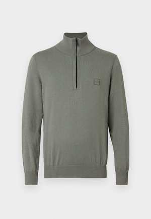 Gray pullover sweater with a high collar and a quarter-zip. Features ribbed cuffs and hem, made from a smooth, textured knit material.