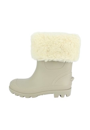 Botte d'hiver beige avec un large revers en fausse fourrure crème épaisse et une semelle en caoutchouc texturée, conçue pour une utilisation extérieure par temps froid.