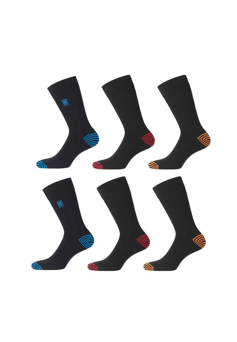 Six chaussettes noires avec des accents colorés sur les orteils : bleu, rouge et orange, présentant des motifs géométriques sur les semelles et un logo sur les poignets.