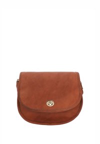 Pruun nahast õlakott klapiga, kuldsete detailidega ja nähtavate õmblustega. Kompaktne kuju, ideaalne igapäevaseks kasutamiseks.