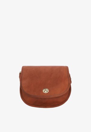 Brown leather crossbody bag with a flap closure, gold hardware, and visible stitching. Compact shape ideal for casual use.
