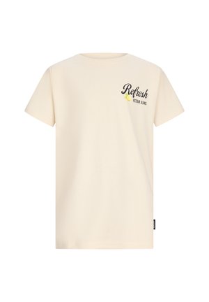 Roomkleurig T-shirt met korte mouwen met de tekst "Refresh" en "Retour Jeans" en een kleine citroenafbeelding op de bovenste linkerborst.