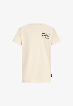 Cremefarbenes T-Shirt mit kurzen Ärmeln, auf der oberen linken Brust mit dem Schriftzug "Refresh" und "Retour Jeans" sowie einer kleinen Zitronengrafik.