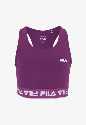 Fioletowy stanik sportowy wykonany z elastycznego materiału, z szerokim pasem z logo "FILA". Design zawiera plecy typu racerback i gładką fakturę.