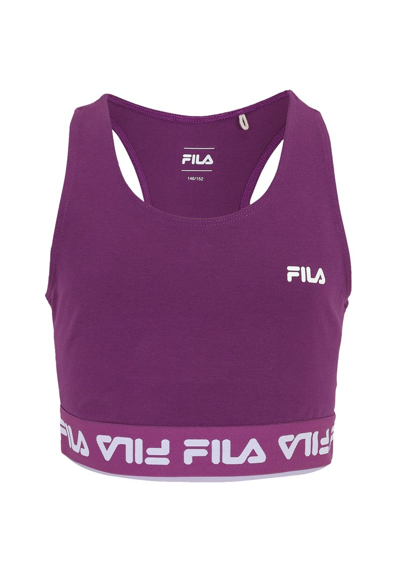 Lila sportbh gjord av elastiskt material, med en bred kant med "FILA"-logotyp. Designen inkluderar racerback och slät yta.