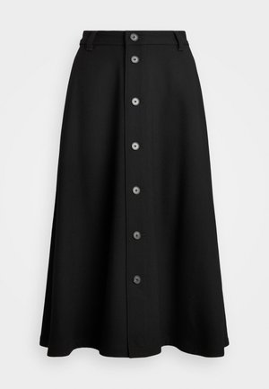 Jupe midi noire en tissu texturé, présentant une silhouette droite, une fermeture à boutons sur le devant et des passants de ceinture.