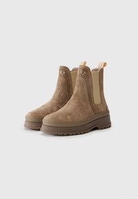 Braune Wildleder-Stiefeletten mit elastischen Seiteneinsätzen, ausgestattet mit einer stabilen Gummisohle und Zuglaschen an der Ferse für ein einfaches An- und Ausziehen.
