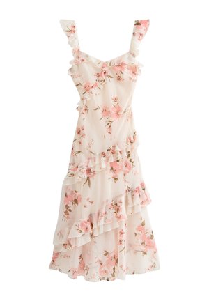 Blumenmusterkleid in hellem Creme mit rosa Blumen, featuring Rüschenträger, gestuften Rüschen am Saum und leichtem, fließendem Stoff.