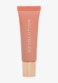 Revolution flytende rødme i en myk ferskenfarget tube med ribbet hette. Den har en klar gullfarget bunn og fremtredende hvit skrift på forsiden.