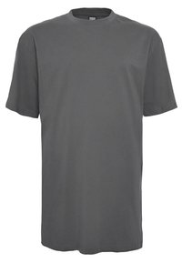 Graues Kurzarm-T-Shirt aus weichem Baumwollstoff. Hat einen runden Crew-Hals und einen entspannten Schnitt mit geradem Saum.