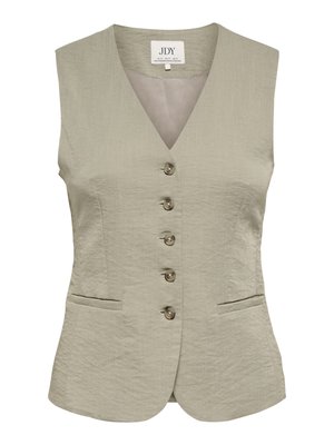 Ženski brezrokavnik svetlo bež barve s petimi rjavimi gumbi spredaj ter dvema vodoravnima odprtima žepoma.