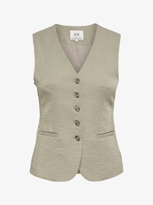 Ženski brezrokavnik svetlo bež barve s petimi rjavimi gumbi spredaj ter dvema vodoravnima odprtima žepoma.