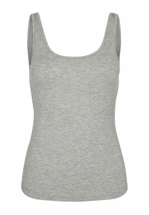 Sivi rebrasti top bez rukava s okruglim izrezom i tankim naramenicama. Tkanina djeluje mekano s glatkom teksturom i uklopljenim siluetom.