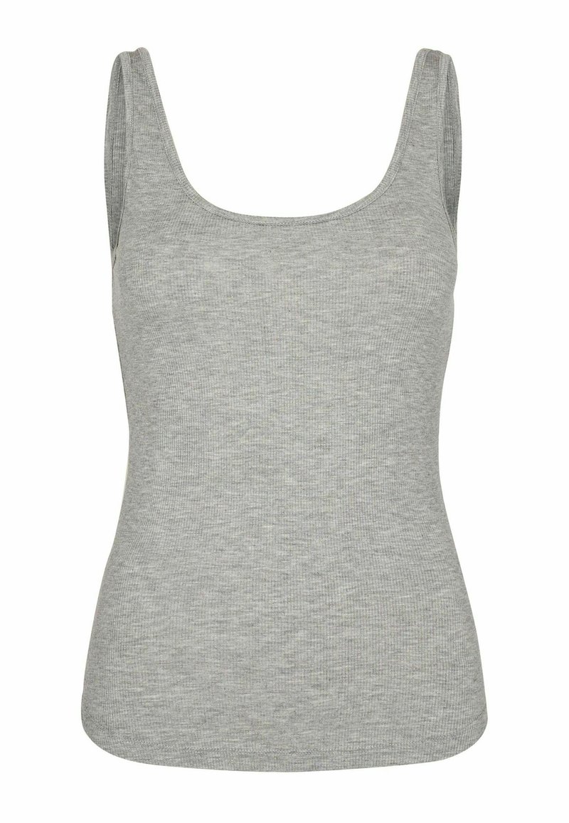 Top de tip tank cu dungi gri, cu decolteu rotund și bretele subțiri. Tesătura pare moale, cu o textură netedă și o siluetă ajustată.
