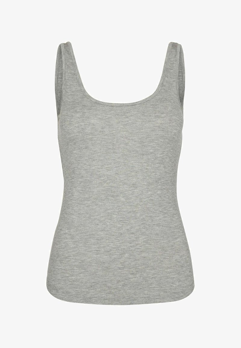 Sivý rebrovaný tielko s výstrihom do oblúka a tenkými ramienkami. Tkanina pôsobí mäkko s hladkým povrchom a priliehavým strihom.